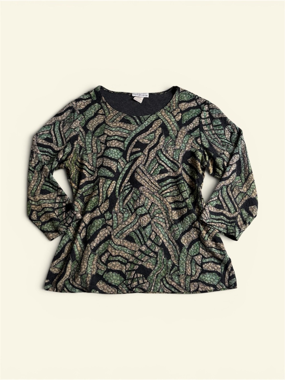 Vintage Y2K Notations Abstract Mosaic Blouse Top L Earth Tone Grunge Whimsigoth